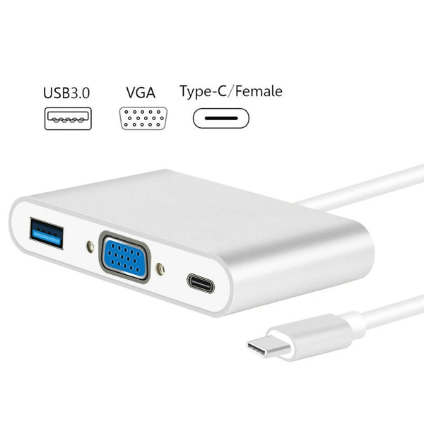USB Type C to VGA 3-in-1 Hub Adapter supports USB Type C tablets and laptops for Macbook Pro / Google ChromeBook(Silver)