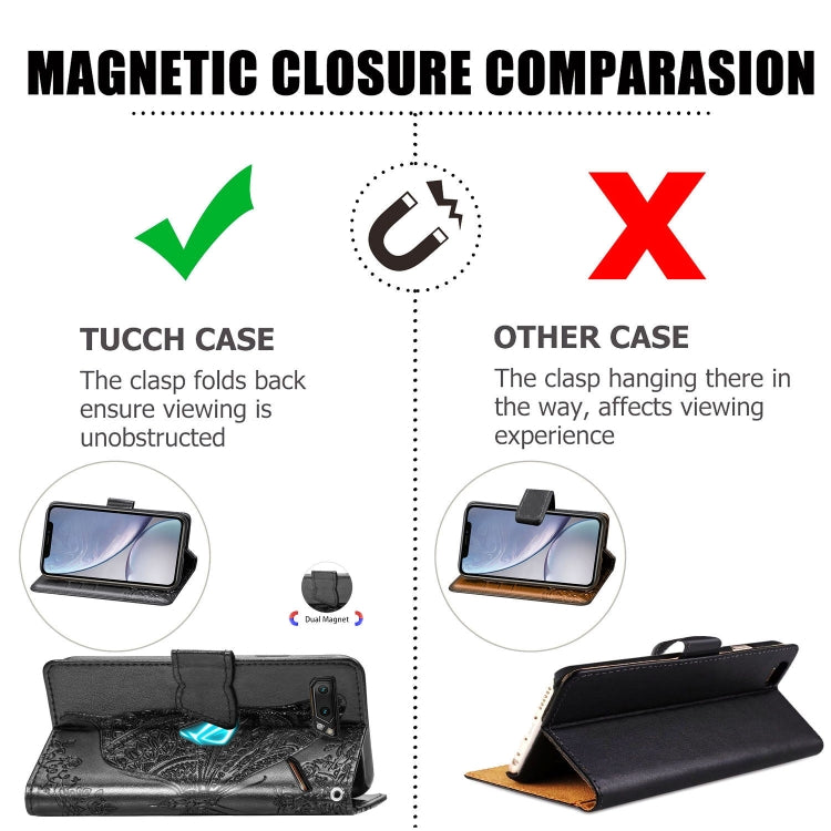 For Asus ROG Phone II 2 ZS660K Butterfly Love Flowers Embossing Horizontal Flip Leather Case with Holder & Card Slots & Wallet & Lanyard(Black)