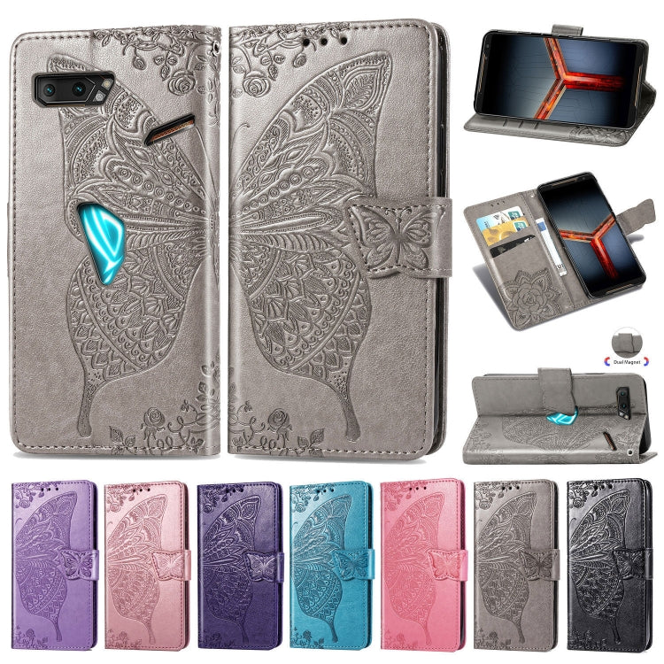 For Asus ROG Phone II 2 ZS660K Butterfly Love Flowers Embossing Horizontal Flip Leather Case with Holder & Card Slots & Wallet & Lanyard(Black)