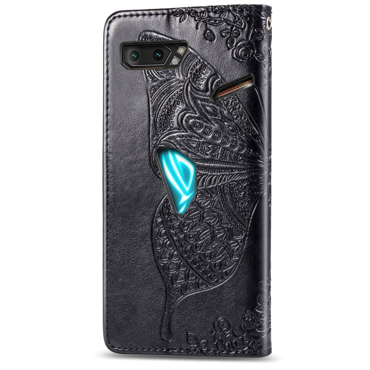 For Asus ROG Phone II 2 ZS660K Butterfly Love Flowers Embossing Horizontal Flip Leather Case with Holder & Card Slots & Wallet & Lanyard(Black)