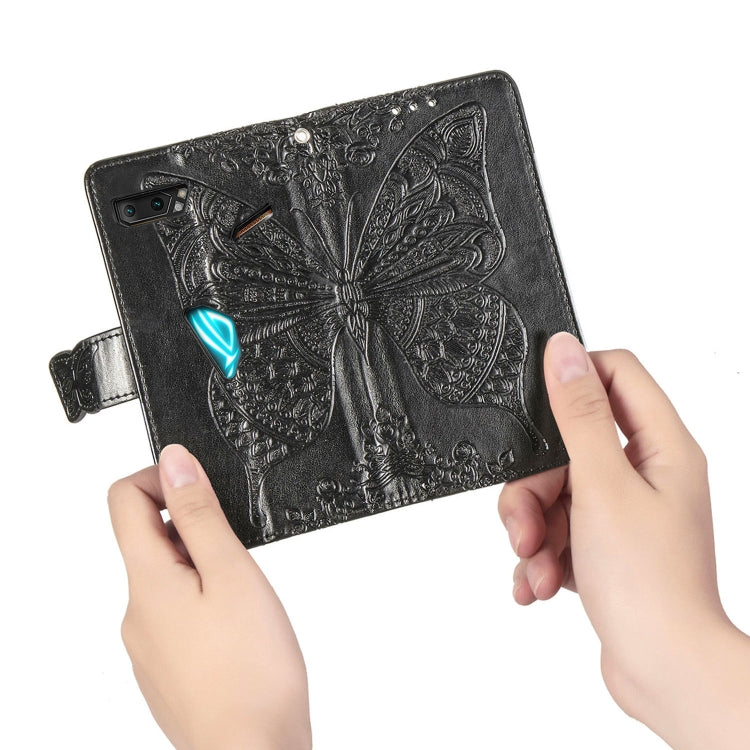 For Asus ROG Phone II 2 ZS660K Butterfly Love Flowers Embossing Horizontal Flip Leather Case with Holder & Card Slots & Wallet & Lanyard(Black)