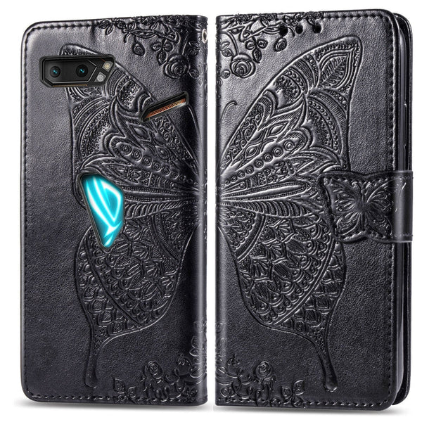 For Asus ROG Phone II 2 ZS660K Butterfly Love Flowers Embossing Horizontal Flip Leather Case with Holder & Card Slots & Wallet & Lanyard(Black)