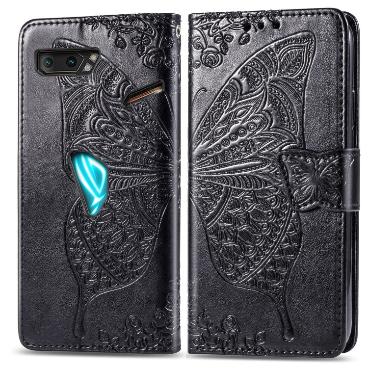 For Asus ROG Phone II 2 ZS660K Butterfly Love Flowers Embossing Horizontal Flip Leather Case with Holder & Card Slots & Wallet & Lanyard(Black)