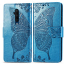 For One Plus 7T Pro Butterfly Love Flower Embossed Horizontal Flip Leather Case with Bracket Lanyard Card Slot Wallet(Blue)