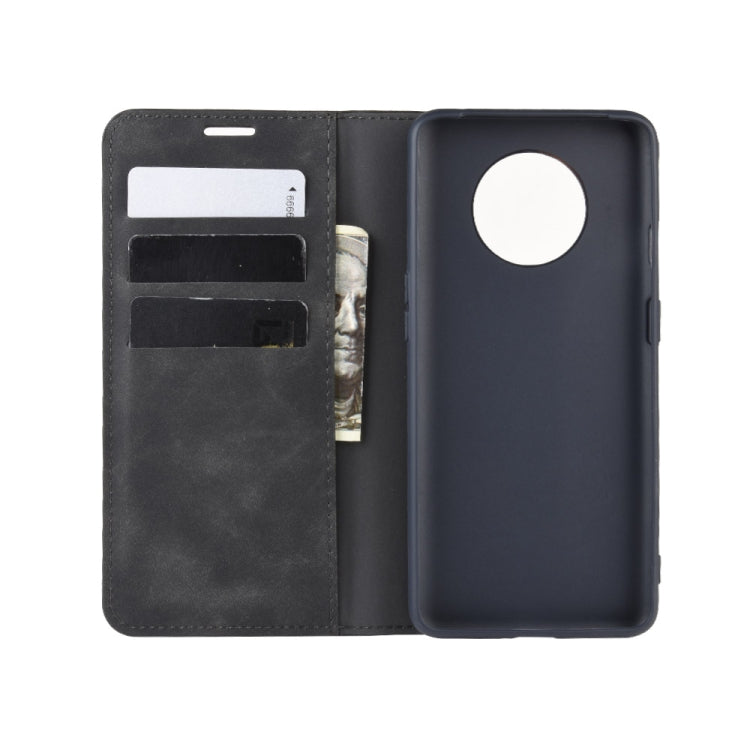 For OnePlus 7T Retro-skin Business Magnetic Suction Leather Case with Purse-Bracket-Chuck(Black)