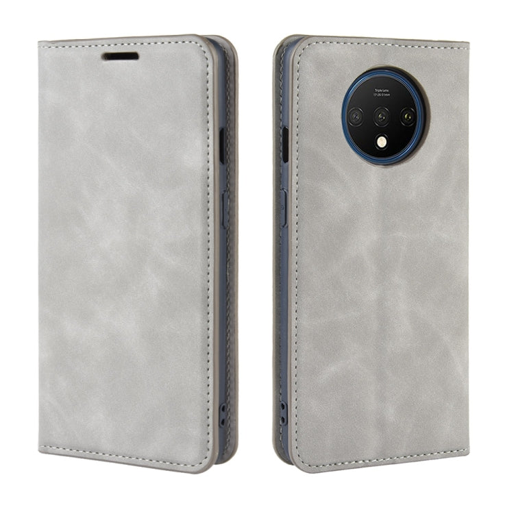For OnePlus 7T Retro-skin Business Magnetic Suction Leather Case with Purse-Bracket-Chuck(Grey)