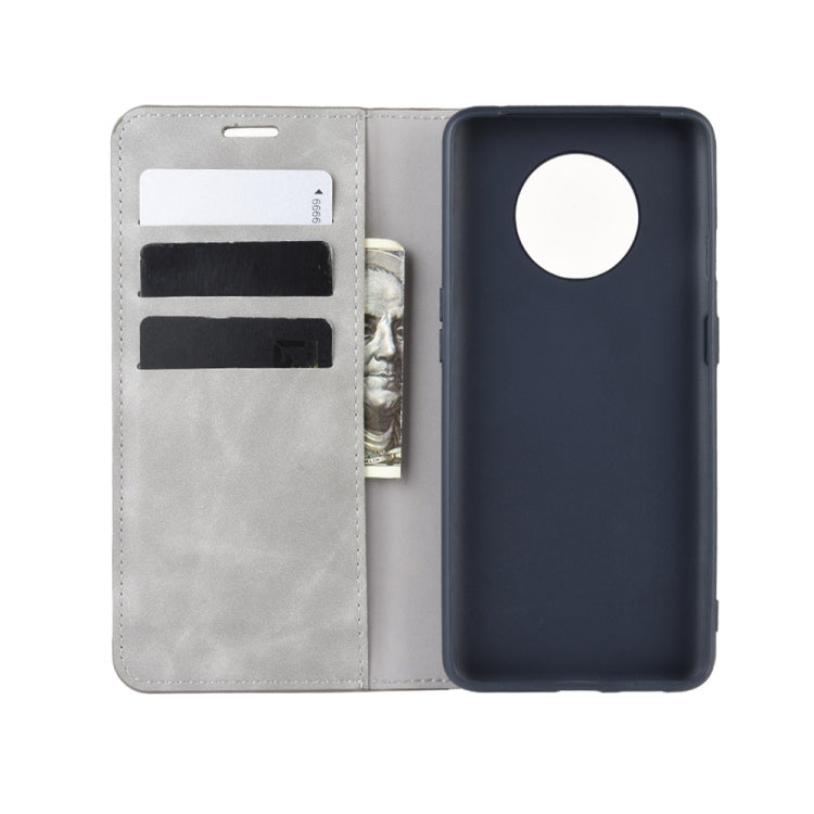 For OnePlus 7T Retro-skin Business Magnetic Suction Leather Case with Purse-Bracket-Chuck(Grey)