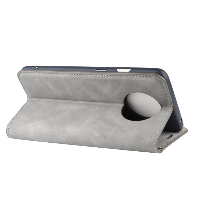 For OnePlus 7T Retro-skin Business Magnetic Suction Leather Case with Purse-Bracket-Chuck(Grey)