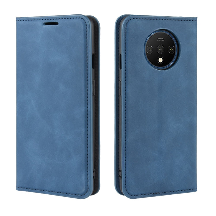 For OnePlus 7T Retro-skin Business Magnetic Suction Leather Case with Purse-Bracket-Chuck(Dark Blue)