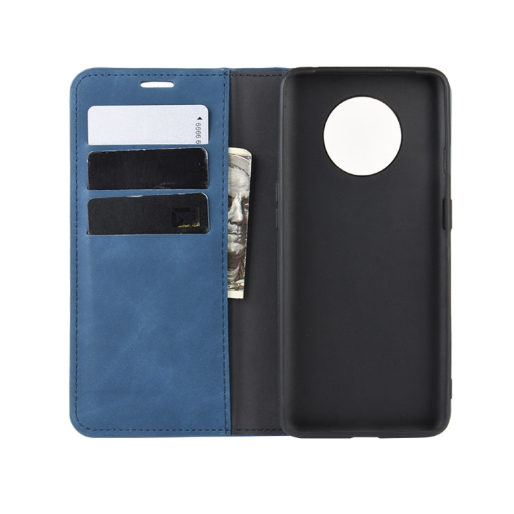 For OnePlus 7T Retro-skin Business Magnetic Suction Leather Case with Purse-Bracket-Chuck(Dark Blue)