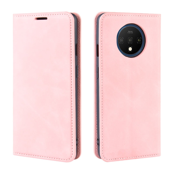 For OnePlus 7T Retro-skin Business Magnetic Suction Leather Case with Purse-Bracket-Chuck(Pink)