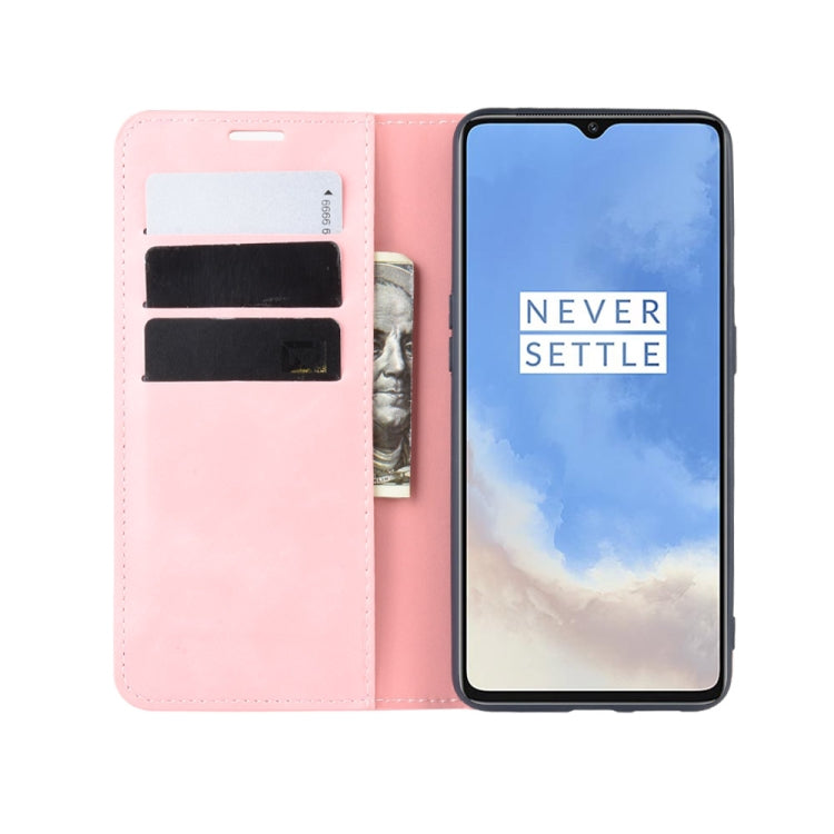 For OnePlus 7T Retro-skin Business Magnetic Suction Leather Case with Purse-Bracket-Chuck(Pink)