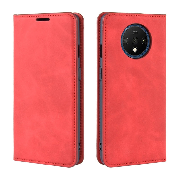 For OnePlus 7T Retro-skin Business Magnetic Suction Leather Case with Purse-Bracket-Chuck(Red)