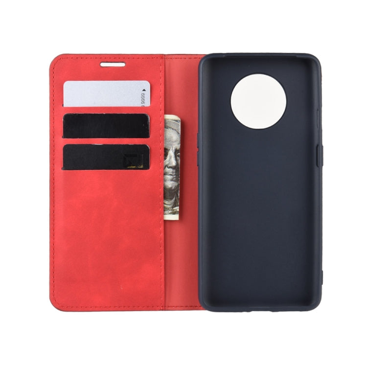 For OnePlus 7T Retro-skin Business Magnetic Suction Leather Case with Purse-Bracket-Chuck(Red)