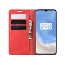 For OnePlus 7T Retro-skin Business Magnetic Suction Leather Case with Purse-Bracket-Chuck(Red)