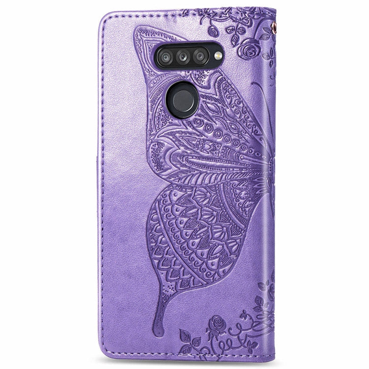 For LG K50S Butterfly Love Flower Embossed Horizontal Flip Leather Case with Bracket / Card Slot / Wallet / Lanyard(Light Purple)