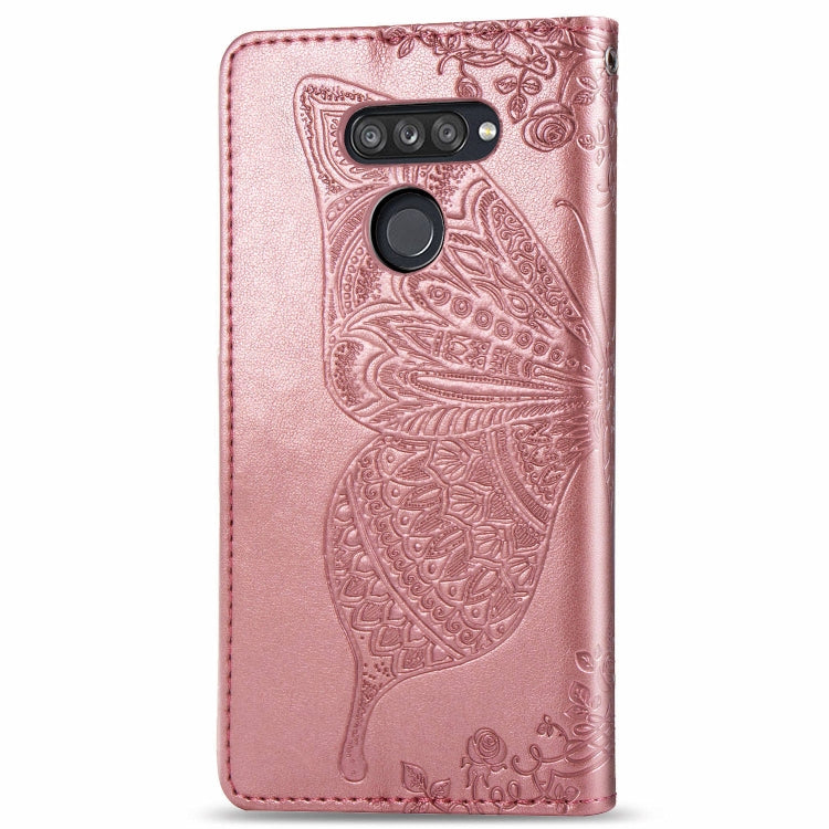 For LG K50S Butterfly Love Flower Embossed Horizontal Flip Leather Case with Bracket / Card Slot / Wallet / Lanyard(Rose gold)