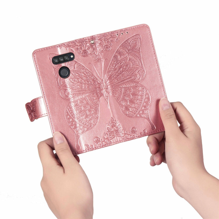 For LG K50S Butterfly Love Flower Embossed Horizontal Flip Leather Case with Bracket / Card Slot / Wallet / Lanyard(Rose gold)
