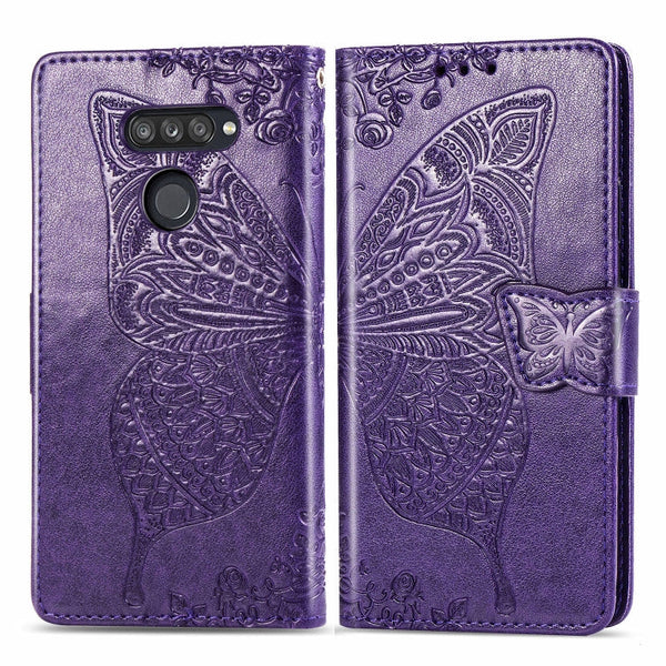 For LG K50S Butterfly Love Flower Embossed Horizontal Flip Leather Case with Bracket / Card Slot / Wallet / Lanyard(Dark Purple)