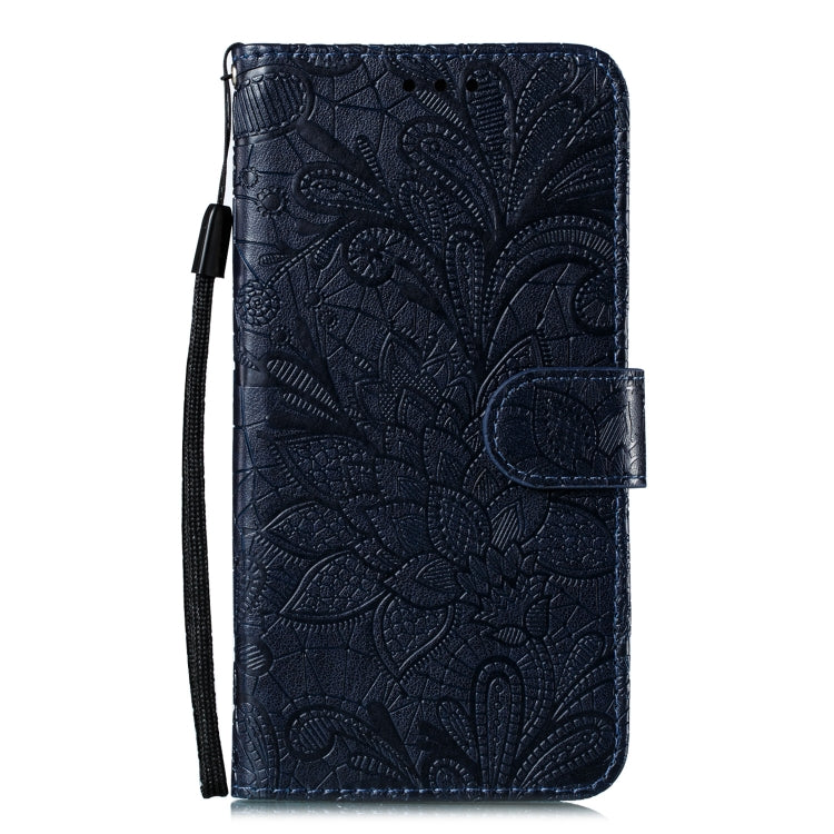 For LG K40S Lace Flower Embossing Pattern Horizontal Flip Leather Case with Holder & Card Slots & Wallet & Photo Frame & Lanyard(Dark Blue)