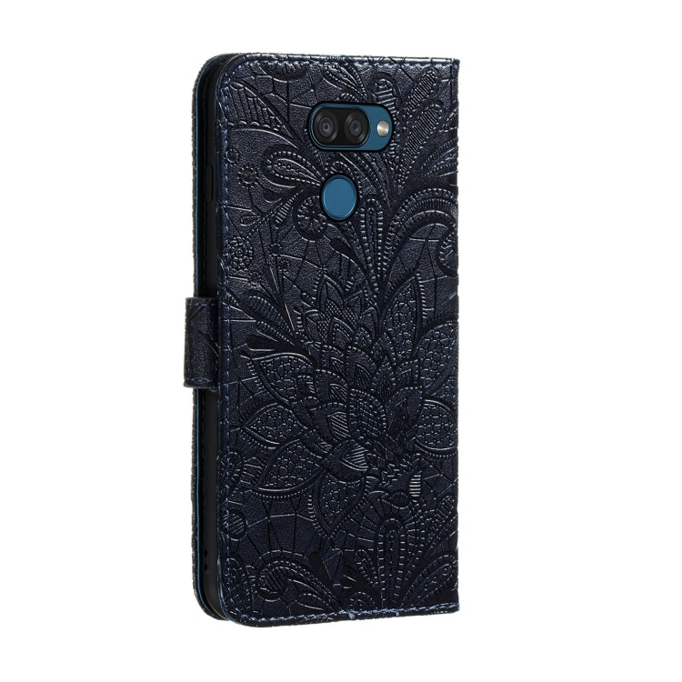 For LG K40S Lace Flower Embossing Pattern Horizontal Flip Leather Case with Holder & Card Slots & Wallet & Photo Frame & Lanyard(Dark Blue)