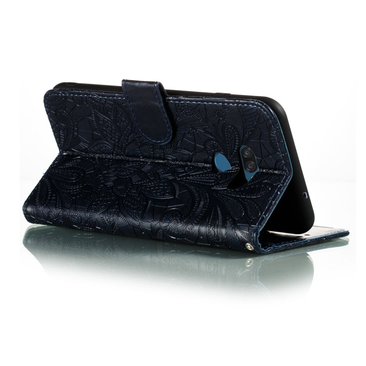 For LG K40S Lace Flower Embossing Pattern Horizontal Flip Leather Case with Holder & Card Slots & Wallet & Photo Frame & Lanyard(Dark Blue)