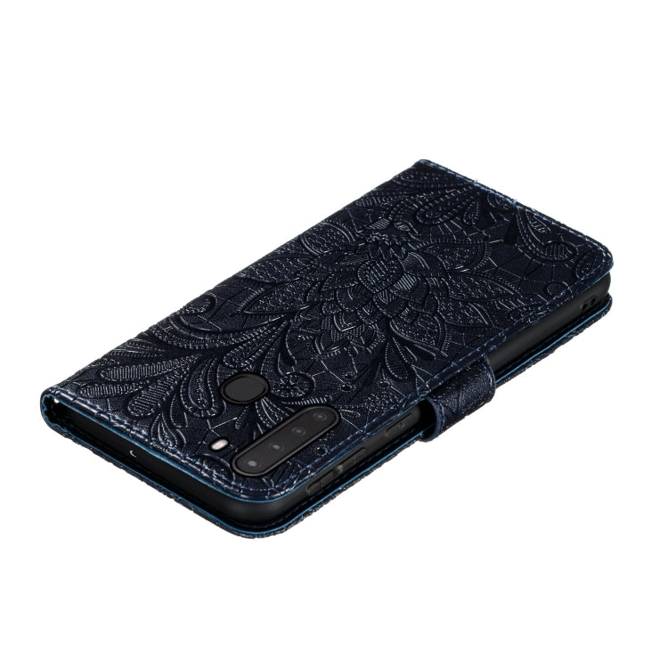 For LG K40S Lace Flower Embossing Pattern Horizontal Flip Leather Case with Holder & Card Slots & Wallet & Photo Frame & Lanyard(Dark Blue)