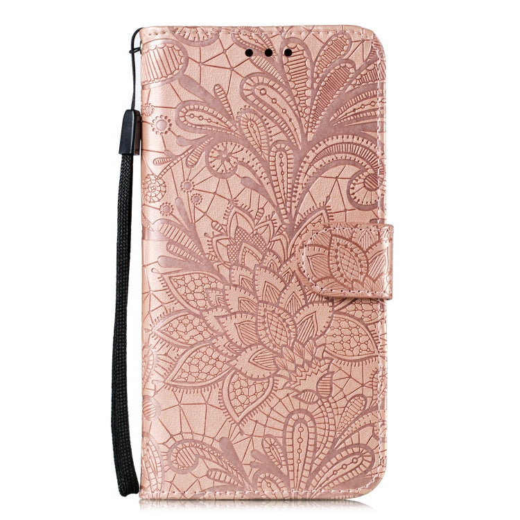 For LG K40S Lace Flower Embossing Pattern Horizontal Flip Leather Case with Holder & Card Slots & Wallet & Photo Frame & Lanyard(Rose Gold)