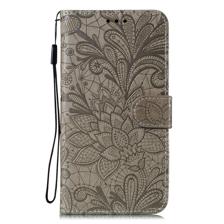 For LG K40S Lace Flower Embossing Pattern Horizontal Flip Leather Case with Holder & Card Slots & Wallet & Photo Frame & Lanyard(Grey)