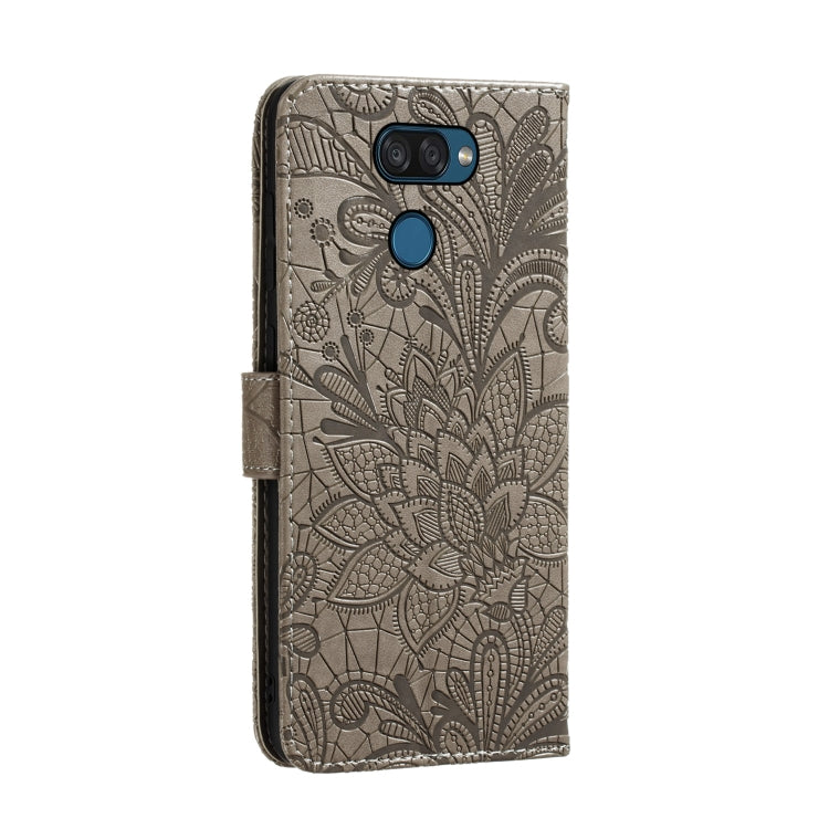 For LG K40S Lace Flower Embossing Pattern Horizontal Flip Leather Case with Holder & Card Slots & Wallet & Photo Frame & Lanyard(Grey)