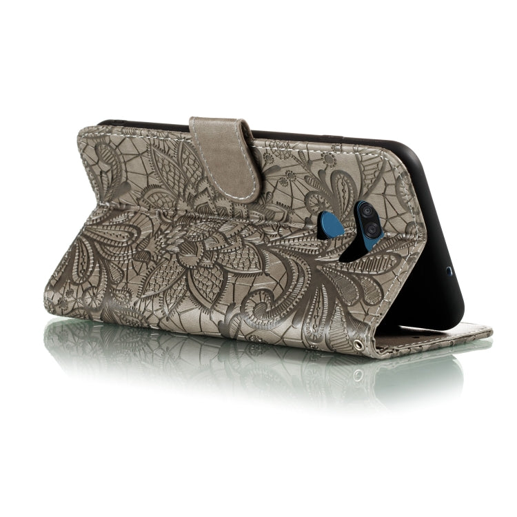 For LG K40S Lace Flower Embossing Pattern Horizontal Flip Leather Case with Holder & Card Slots & Wallet & Photo Frame & Lanyard(Grey)