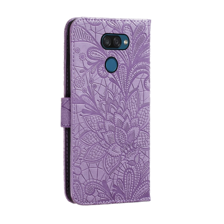 For LG K40S Lace Flower Embossing Pattern Horizontal Flip Leather Case with Holder & Card Slots & Wallet & Photo Frame & Lanyard(Purple)