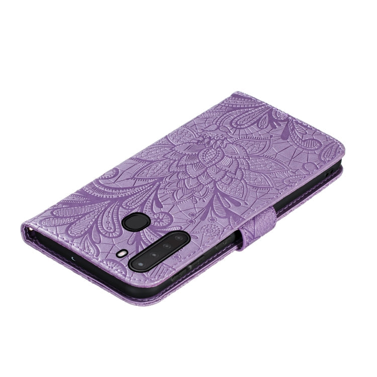 For LG K40S Lace Flower Embossing Pattern Horizontal Flip Leather Case with Holder & Card Slots & Wallet & Photo Frame & Lanyard(Purple)