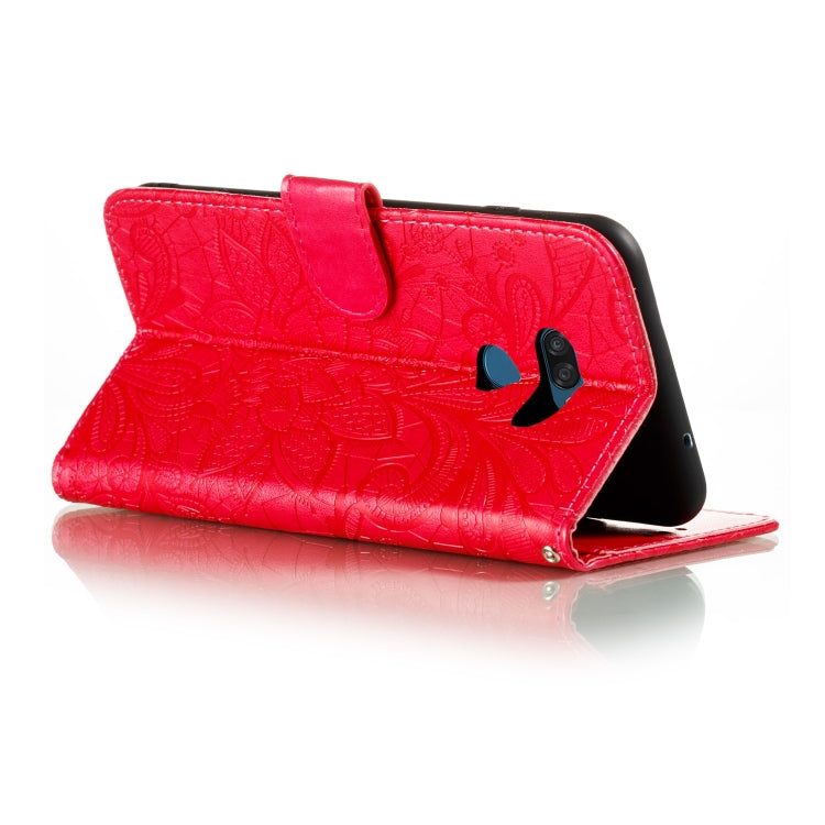 For LG K40S Lace Flower Embossing Pattern Horizontal Flip Leather Case with Holder & Card Slots & Wallet & Photo Frame & Lanyard(Red)