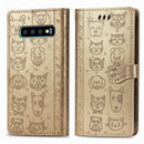 For Galaxy S10 Cute Cat and Dog Embossed Horizontal Flip Leather Case with Bracket / Card Slot / Wallet / Lanyard(Gold)