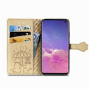 For Galaxy S10 Cute Cat and Dog Embossed Horizontal Flip Leather Case with Bracket / Card Slot / Wallet / Lanyard(Gold)