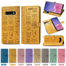 For Galaxy S10 Cute Cat and Dog Embossed Horizontal Flip Leather Case with Bracket / Card Slot / Wallet / Lanyard(Gold)