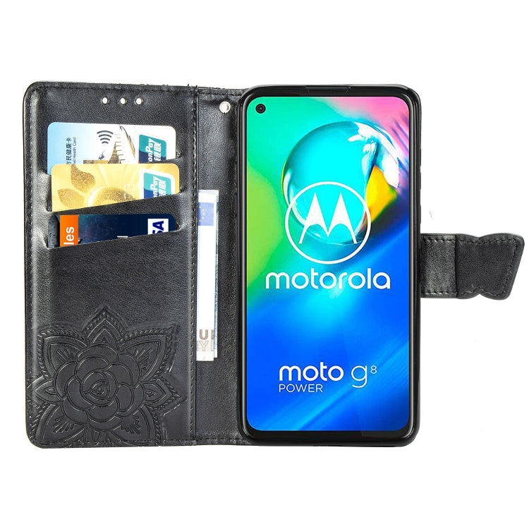 For Moto G8 Power Butterfly Love Flower Embossed Horizontal Flip Leather Case with Bracket / Card Slot / Wallet / Lanyard(Black)