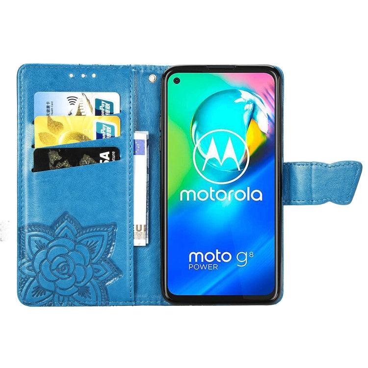 For Moto G8 Power Butterfly Love Flower Embossed Horizontal Flip Leather Case with Bracket / Card Slot / Wallet / Lanyard(Blue)