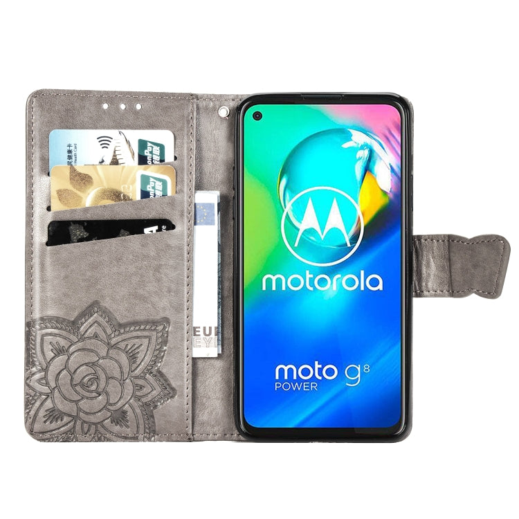 For Moto G8 Power Butterfly Love Flower Embossed Horizontal Flip Leather Case with Bracket / Card Slot / Wallet / Lanyard(Gray)