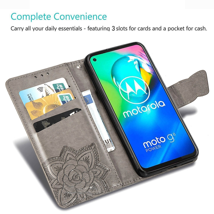 For Moto G8 Power Butterfly Love Flower Embossed Horizontal Flip Leather Case with Bracket / Card Slot / Wallet / Lanyard(Gray)