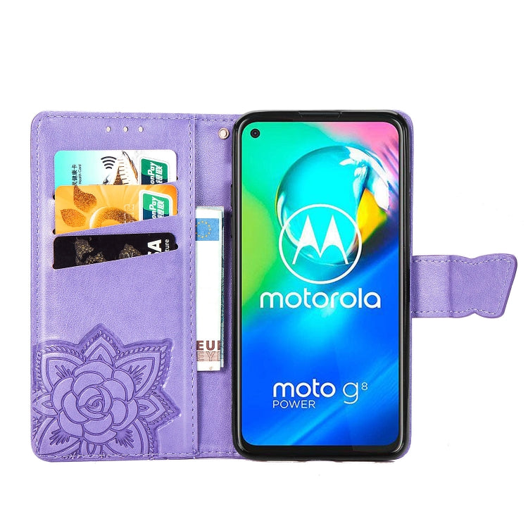 For Moto G8 Power Butterfly Love Flower Embossed Horizontal Flip Leather Case with Bracket / Card Slot / Wallet / Lanyard(Light Purple)