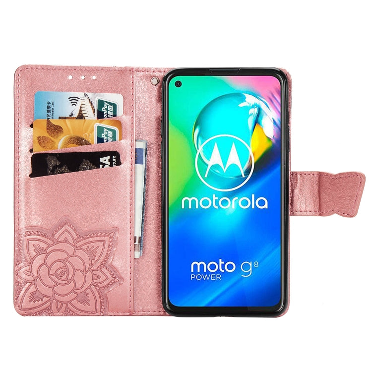 For Moto G8 Power Butterfly Love Flower Embossed Horizontal Flip Leather Case with Bracket / Card Slot / Wallet / Lanyard(Rose Gold)