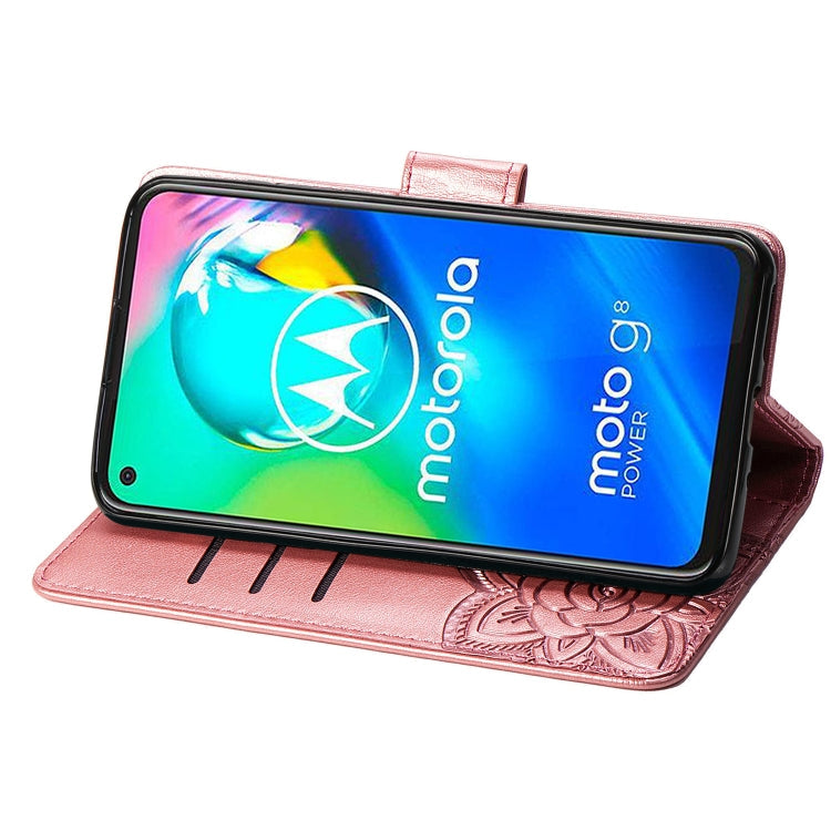 For Moto G8 Power Butterfly Love Flower Embossed Horizontal Flip Leather Case with Bracket / Card Slot / Wallet / Lanyard(Rose Gold)