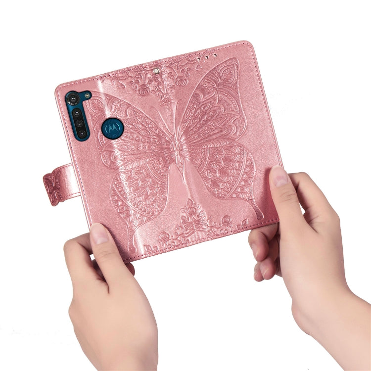 For Moto G8 Power Butterfly Love Flower Embossed Horizontal Flip Leather Case with Bracket / Card Slot / Wallet / Lanyard(Rose Gold)