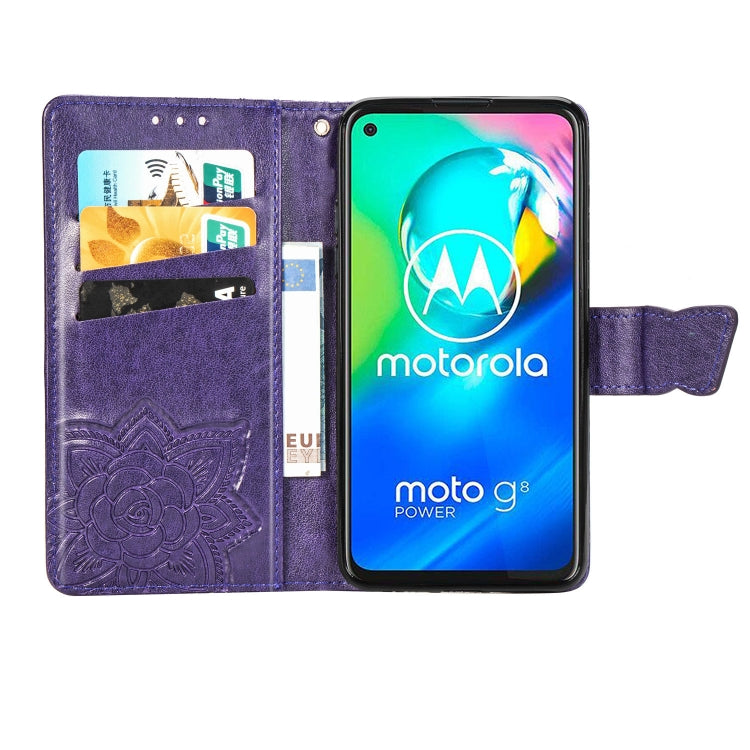 For Moto G8 Power Butterfly Love Flower Embossed Horizontal Flip Leather Case with Bracket / Card Slot / Wallet / Lanyard(Dark Purple)
