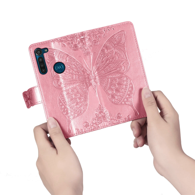 For Moto G8 Power Butterfly Love Flower Embossed Horizontal Flip Leather Case with Bracket / Card Slot / Wallet / Lanyard(Pink)