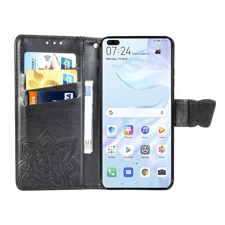 For Huawei P40 Butterfly Love Flower Embossed Horizontal Flip Leather Case with Bracket / Card Slot / Wallet / Lanyard(Black)