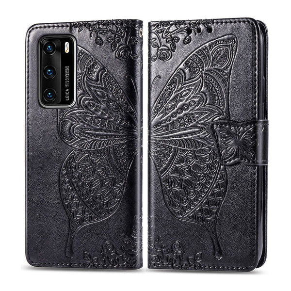 For Huawei P40 Butterfly Love Flower Embossed Horizontal Flip Leather Case with Bracket / Card Slot / Wallet / Lanyard(Black)