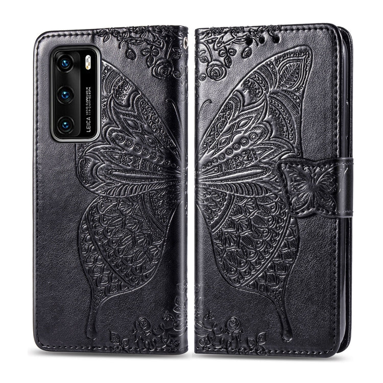 For Huawei P40 Butterfly Love Flower Embossed Horizontal Flip Leather Case with Bracket / Card Slot / Wallet / Lanyard(Black)